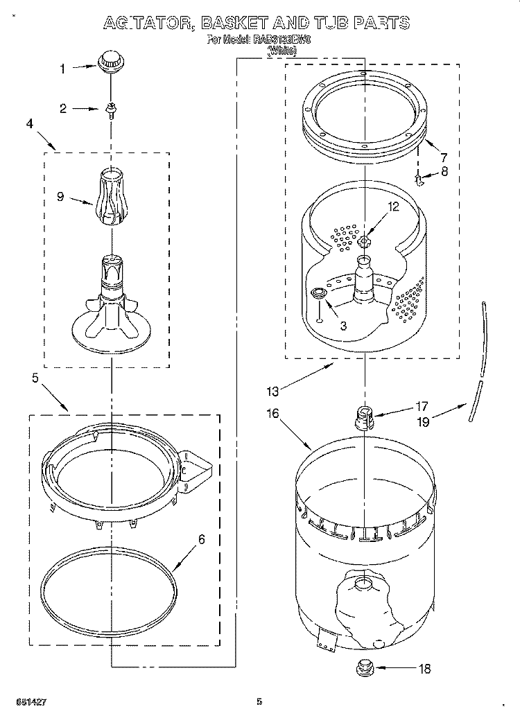 AGITATOR, BASKET AND TUB Diagram and Parts List for RAB3132EW0  Roper Washer