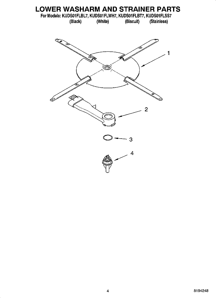 LOWER WASHARM AND STRAINER PARTS Diagram and Parts List for KUDS01FLBL7  KitchenAid Dishwasher