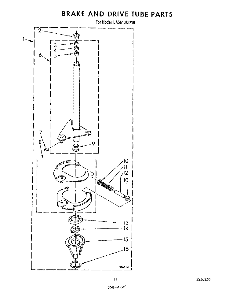 BRAKE AND DRIVE TUBE Diagram and Parts List for LA5610XTN0  Whirlpool Washer