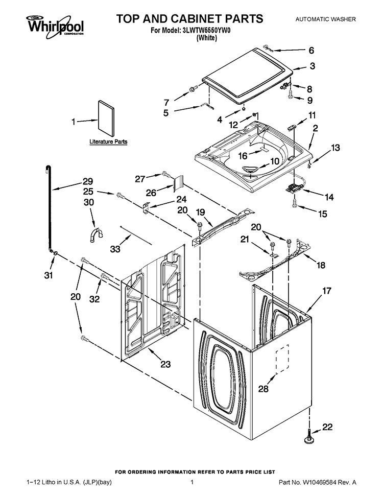 TOP AND CABINET PARTS Diagram and Parts List for 3LWTW5550YW0  Whirlpool Washer