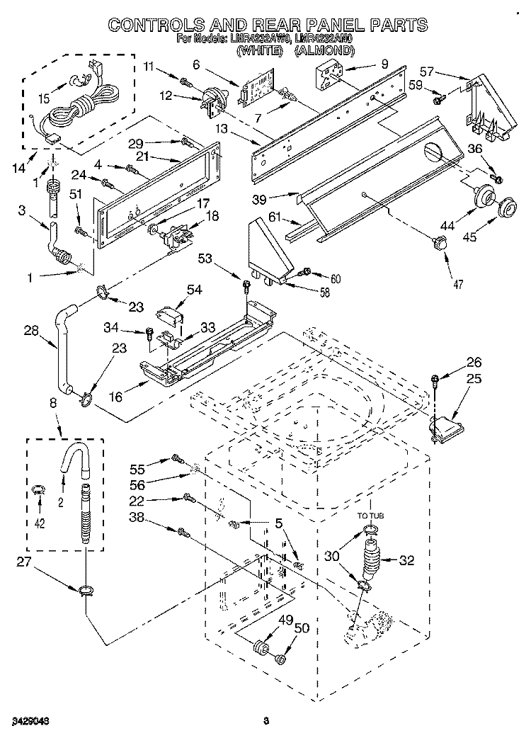 CONTROLS AND REAR PANEL Diagram and Parts List for LMR4232AW0  Whirlpool Washer