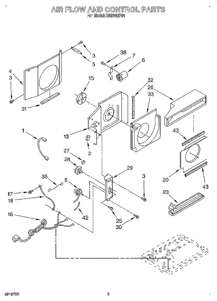 AIR FLOW AND CONTROL Diagram and Parts List for X05002F01  Roper Air Conditioner