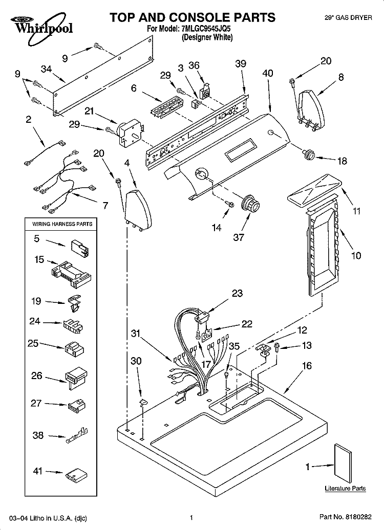 TOP AND CONSOLE PARTS Diagram and Parts List for 7MLGC9545JQ5  Whirlpool Dryer