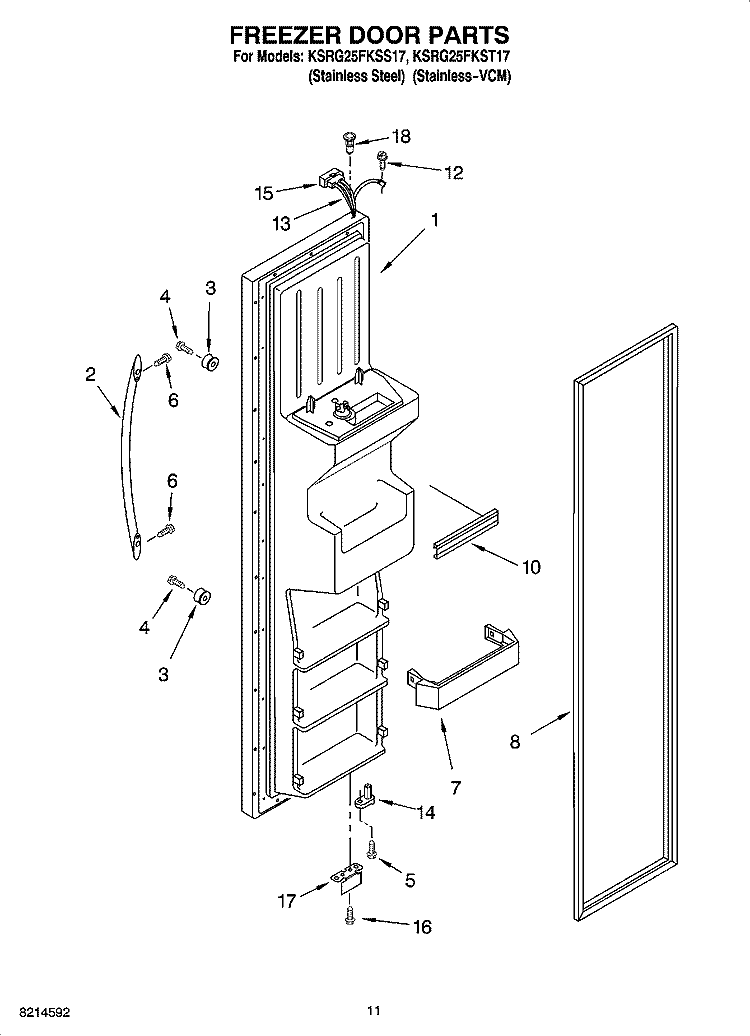 FREEZER DOOR PARTS Diagram and Parts List for KSRG25FKSS17  KitchenAid Refrigerator