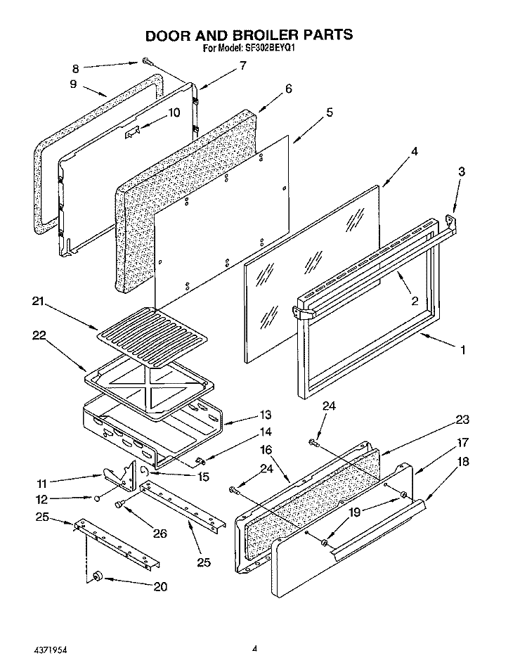 DOOR AND BROILER Diagram and Parts List for SF302BEYQ1  Whirlpool Range