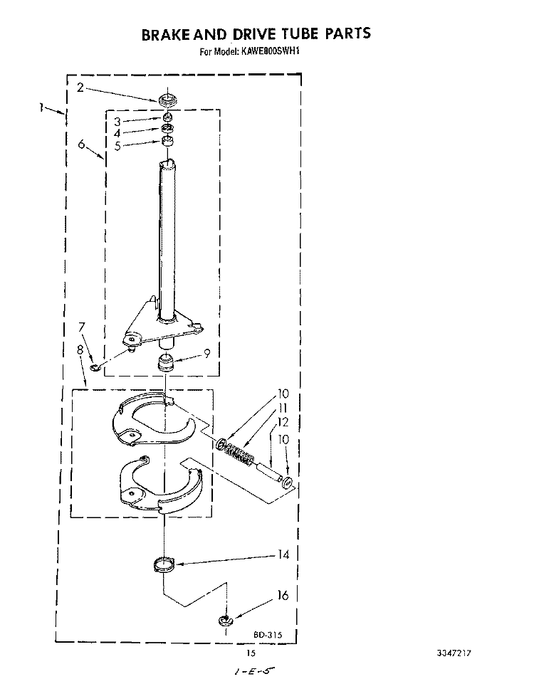 BRAKE AND DRIVE TUBE Diagram and Parts List for KAWE800SWH1  Whirlpool Washer