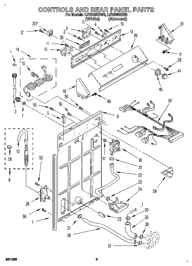 CONTROLS AND REAR PANEL Diagram and Parts List for LSV9355BN0  Whirlpool Washer