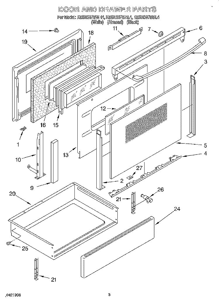 DOOR AND DRAWER Diagram and Parts List for KESH307BBL4  KitchenAid Range