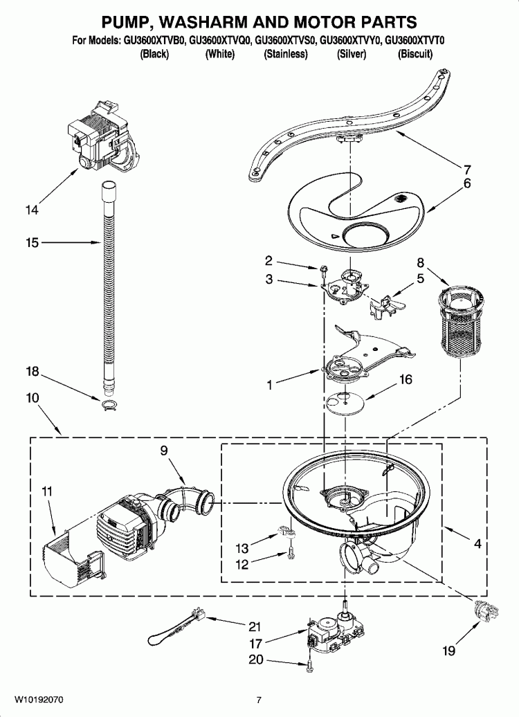 PUMP, WASHARM AND MOTOR PARTS Diagram and Parts List for GU3600XTVS0  Whirlpool Dishwasher