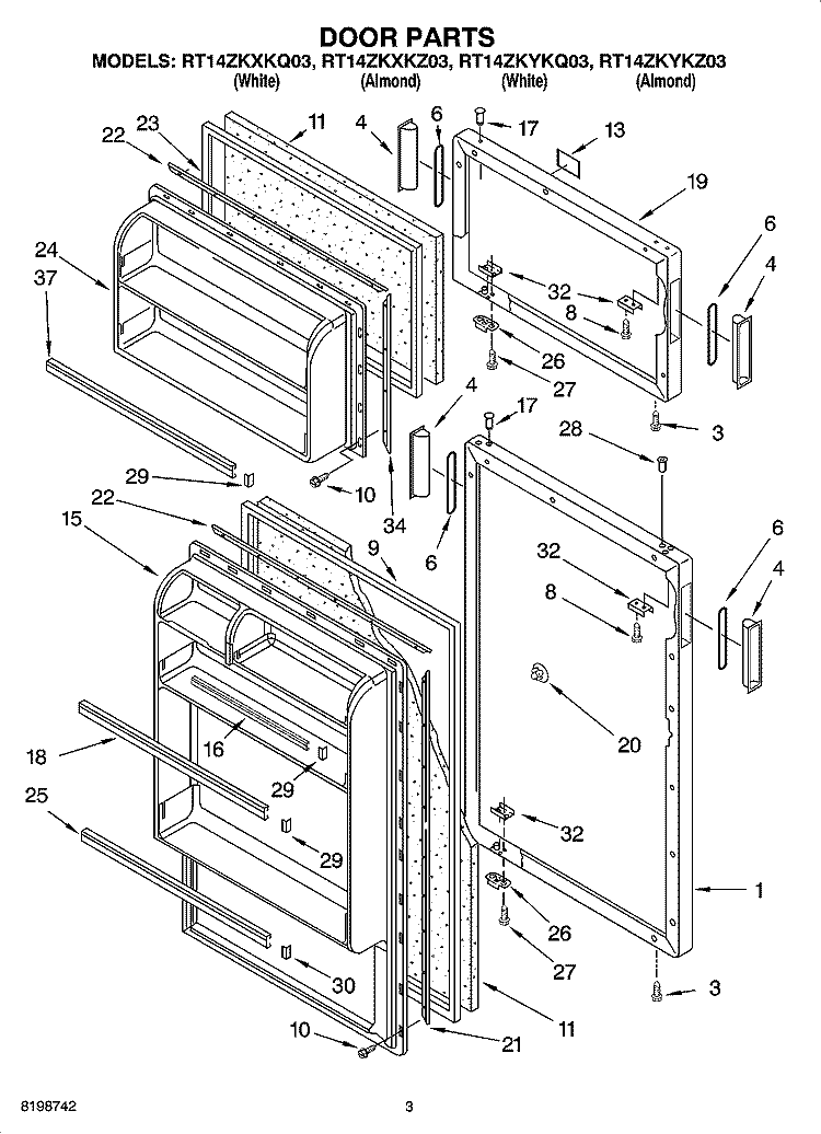 DOOR PARTS Diagram and Parts List for RT14ZKYKZ03  Roper Refrigerator
