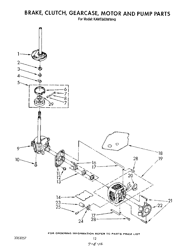 BRAKE, CLUTCH, GEARCASE, MOTOR AND PUMP Diagram and Parts List for KAWE660WAL0  KitchenAid Washer