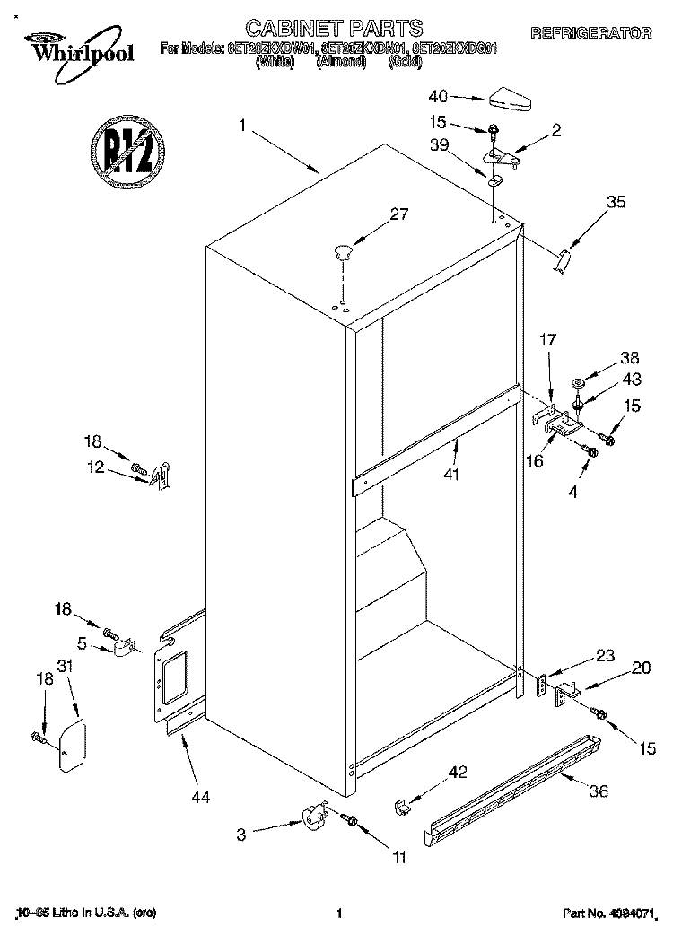 CABINET Diagram and Parts List for 8ET20ZKXDG01  Whirlpool Refrigerator