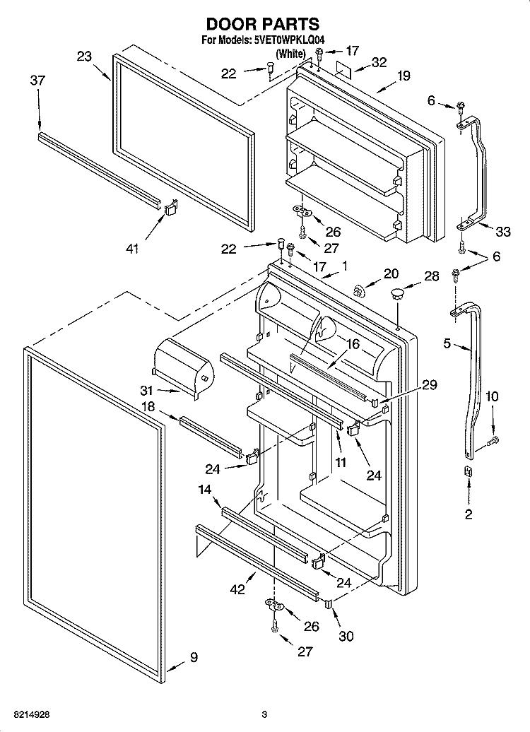 DOOR PARTS Diagram and Parts List for 5VET0WPKLQ04  Whirlpool Refrigerator
