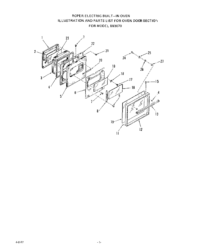 OVEN DOOR Diagram and Parts List for B9307^0  Roper Wall Oven