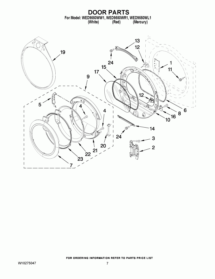 DOOR PARTS Diagram and Parts List for WED9550WW1  Whirlpool Dryer