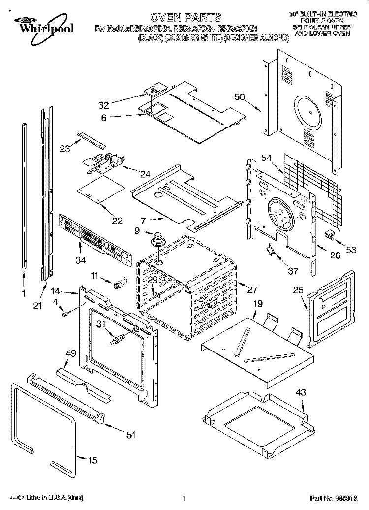 OVEN Diagram and Parts List for RBD306PDB4  Whirlpool Wall Oven