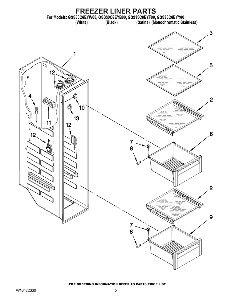 FREEZER LINER PARTS Diagram and Parts List for GSS30C6EYF00  Whirlpool Refrigerator