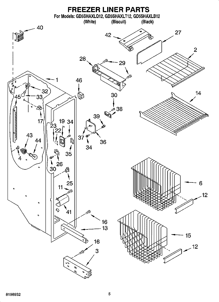 FREEZER LINER PARTS Diagram and Parts List for GD5SHAXLT12  Whirlpool Refrigerator