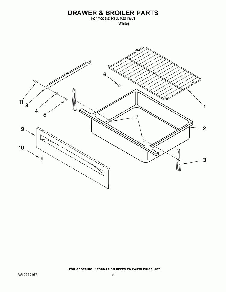 DRAWER & BROILER PARTS Diagram and Parts List for RF301OXTW01  Whirlpool Range