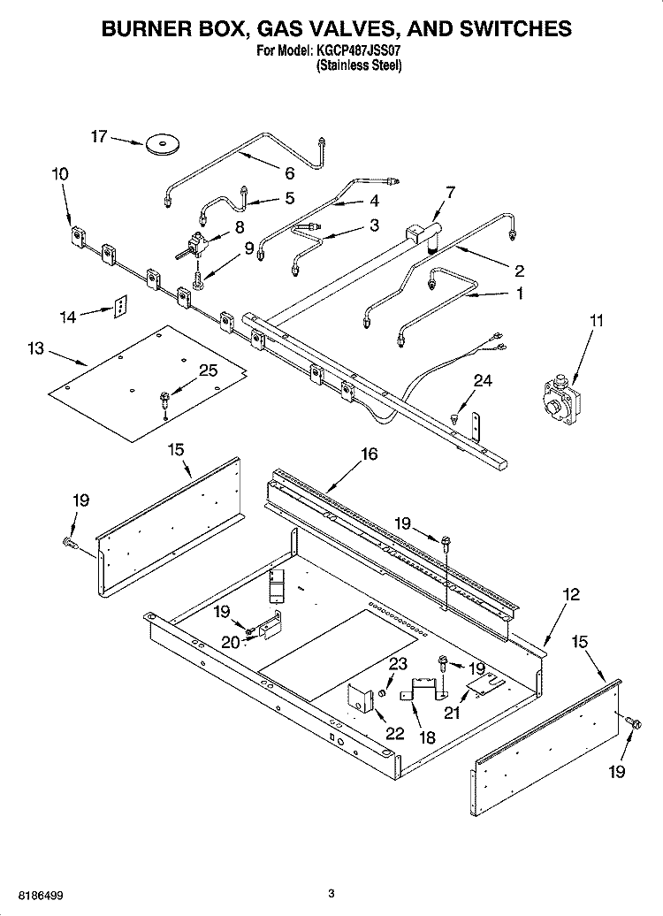 BURNER BOX, GAS VALVES, AND SWITCHES, OPTIONAL PARTS Diagram and Parts List for KGCP487JSS07  KitchenAid Cooktop
