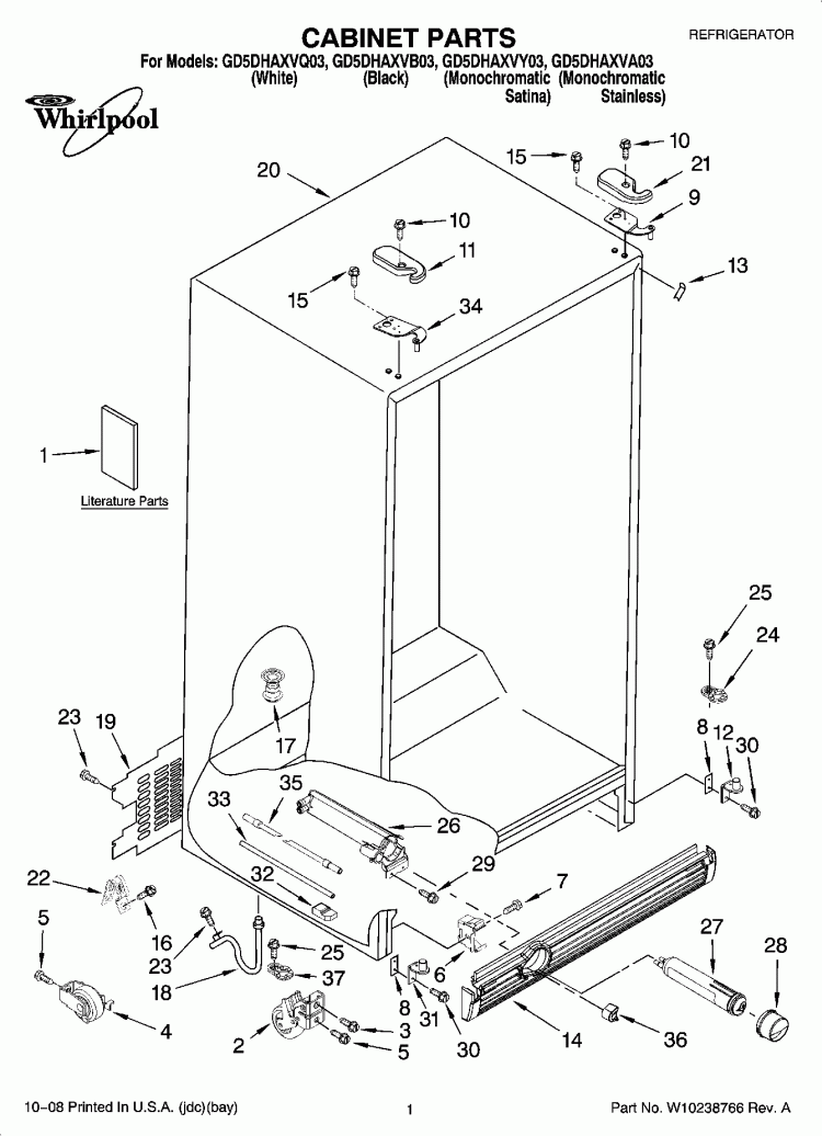 CABINET PARTS Diagram and Parts List for GD5DHAXVB03  Whirlpool Refrigerator