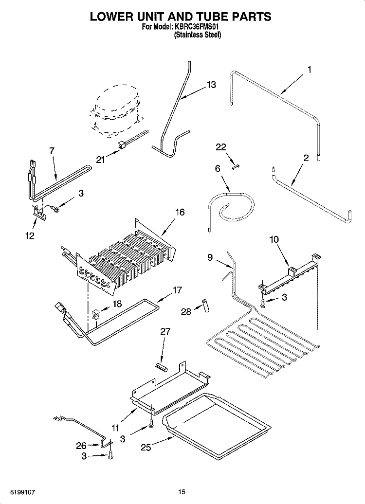 LOWER UNIT AND TUBE PARTS Diagram and Parts List for KBRC36FMS01  KitchenAid Refrigerator
