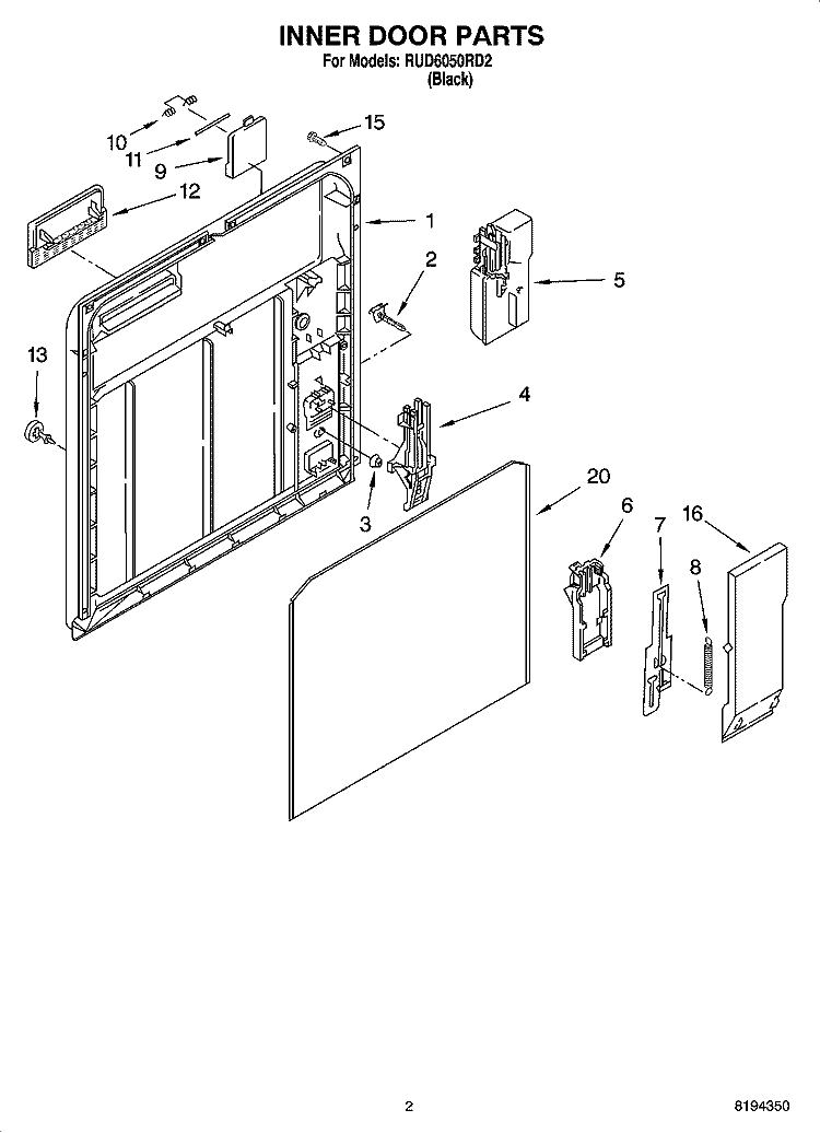 INNER DOOR PARTS Diagram and Parts List for RUD6050RD2  Roper Dishwasher