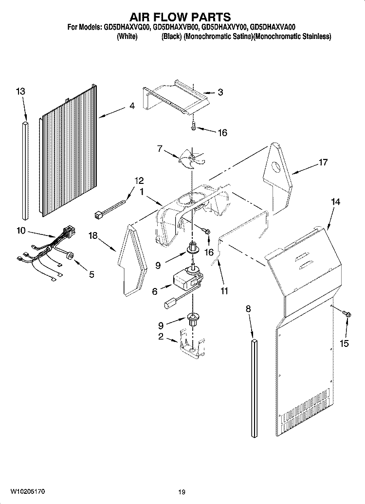 AIR FLOW PARTS, OPTIONAL PARTS (NOT INCLUDED) Diagram and Parts List for GD5DHAXVY00  Whirlpool Refrigerator
