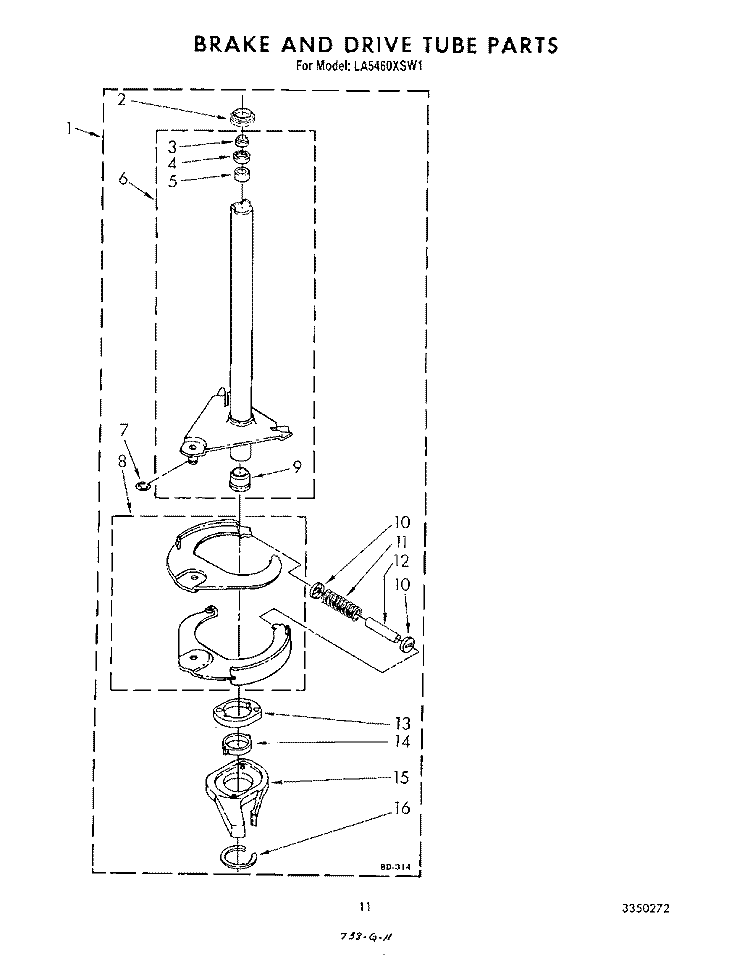 BRAKE AND DRIVE TUBE Diagram and Parts List for LA5460XSW1  Whirlpool Washer