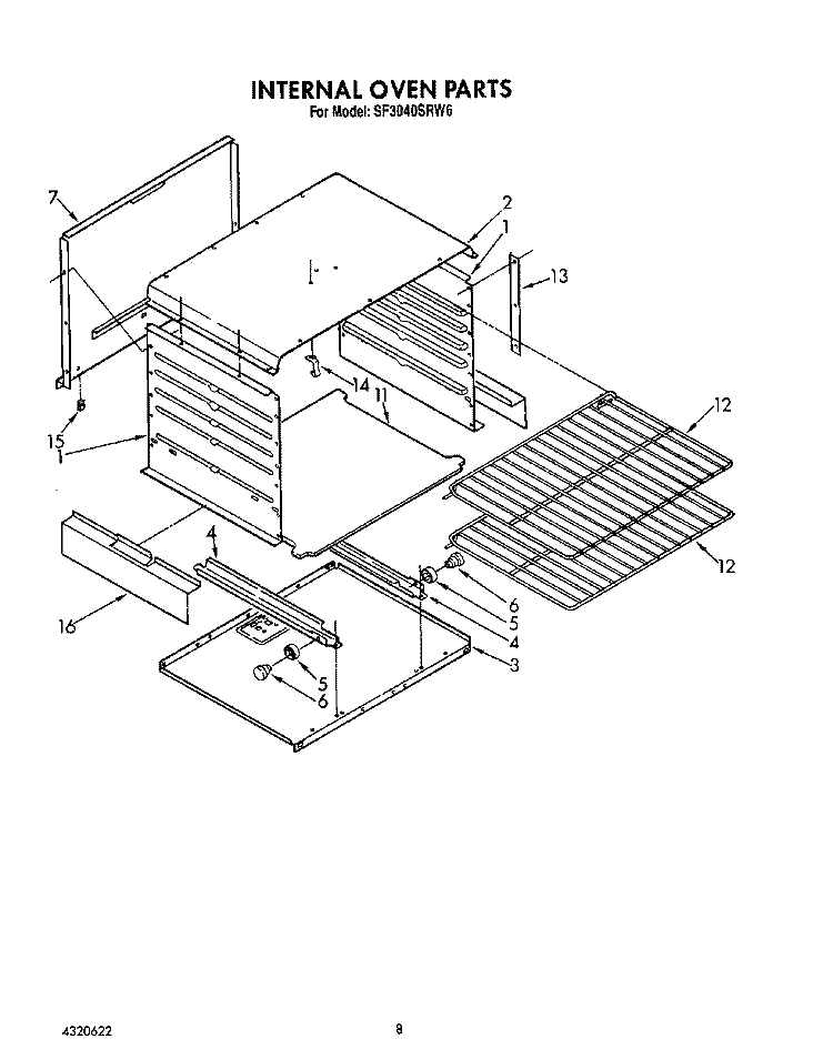INTERNAL OVEN Diagram and Parts List for SF3040SRW6  Whirlpool Range