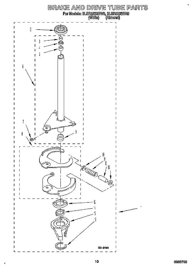 BRAKE AND DRIVE TUBE Diagram and Parts List for 3LSR5233BN0  Whirlpool Washer