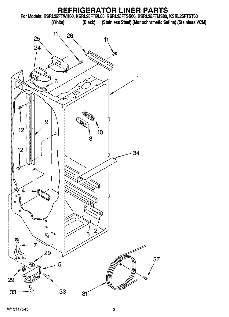 REFRIGERATOR LINER PARTS Diagram and Parts List for KSRL25FTST00  KitchenAid Refrigerator