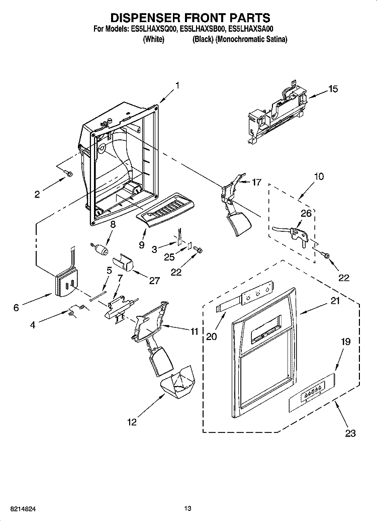 DISPENSER FRONT PARTS Diagram and Parts List for ES5LHAXSQ00  Whirlpool Refrigerator