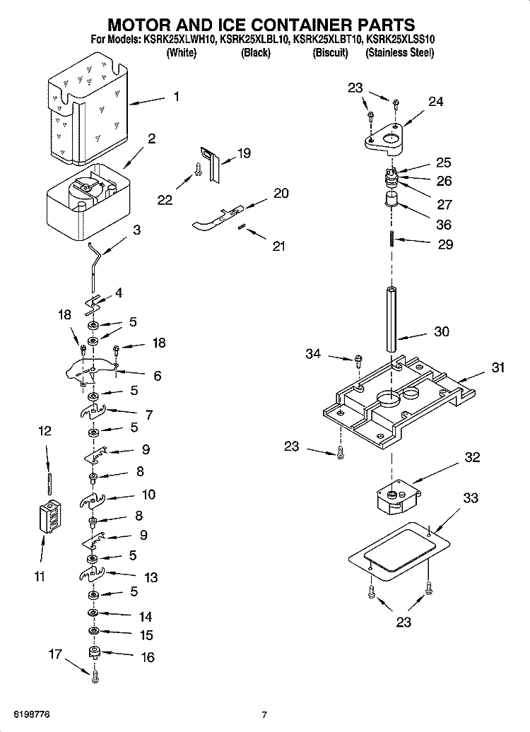 MOTOR AND ICE CONTAINER PARTS Diagram and Parts List for KSRK25XLSS10  KitchenAid Refrigerator