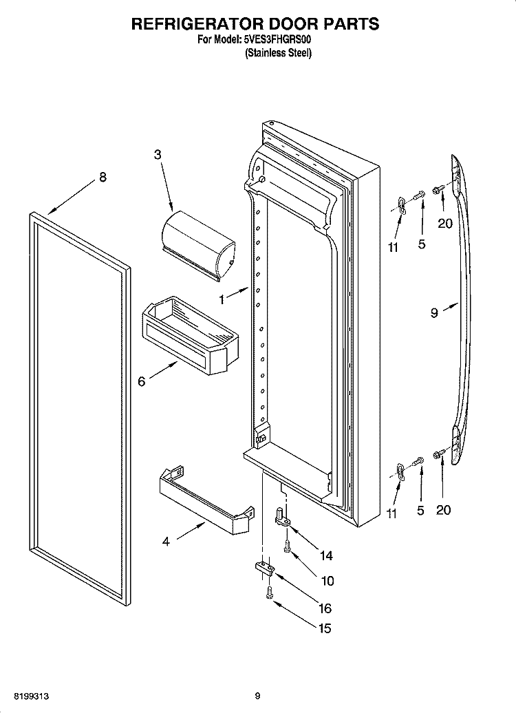 REFRIGERATOR DOOR PARTS Diagram and Parts List for 5VES3FHGRS00  Whirlpool Refrigerator
