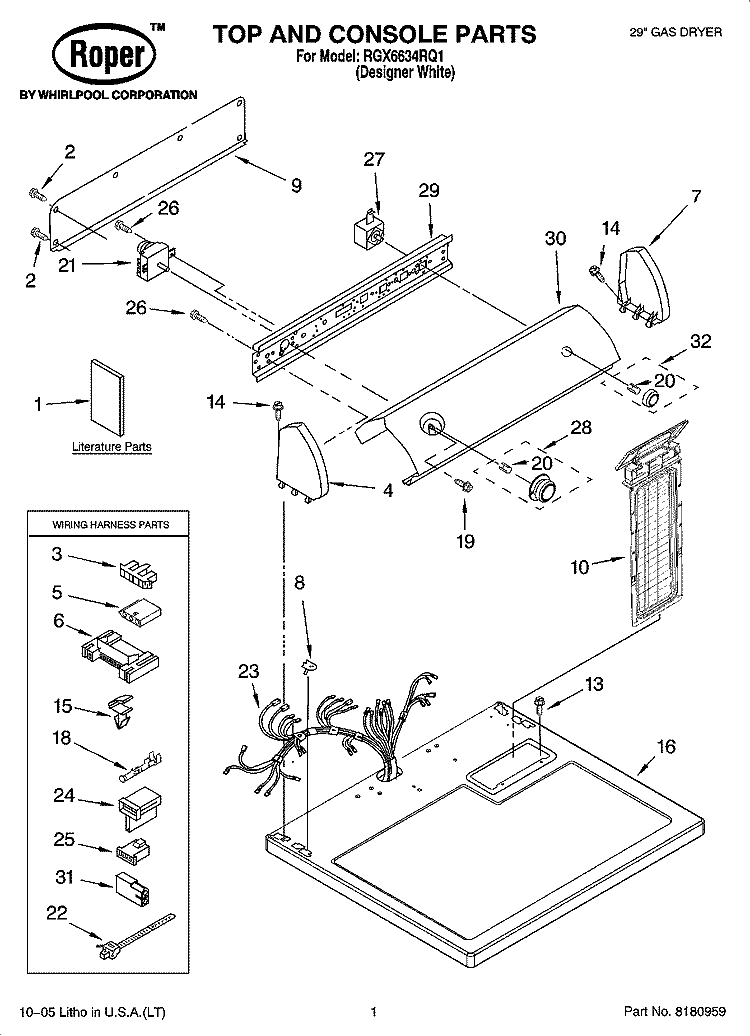 TOP AND CONSOLE PARTS Diagram and Parts List for RGX6634RQ1  Roper Dryer