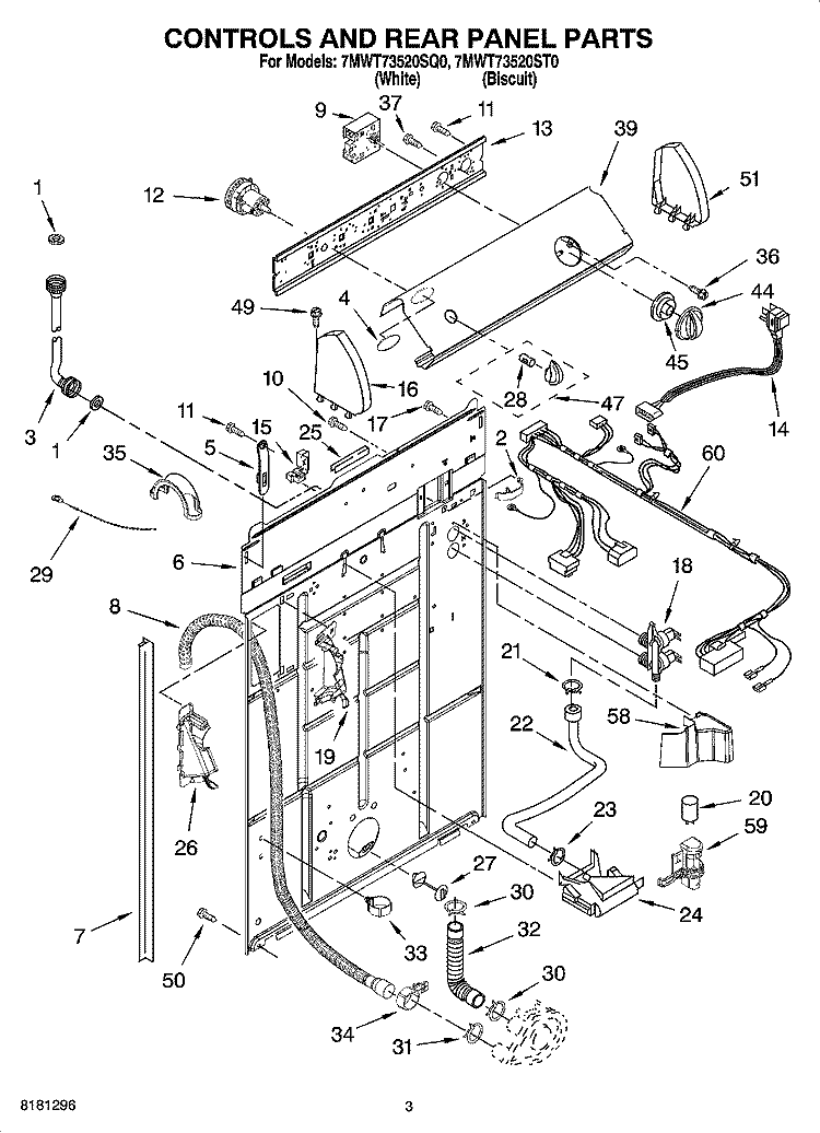 CONTROLS AND REAR PANEL PARTS Diagram and Parts List for 7MWT73520SQ0  Whirlpool Washer