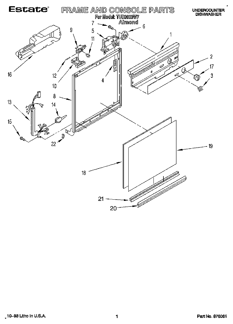 FRAME AND CONSOLE Diagram and Parts List for TUD2000W7  Whirlpool Dishwasher