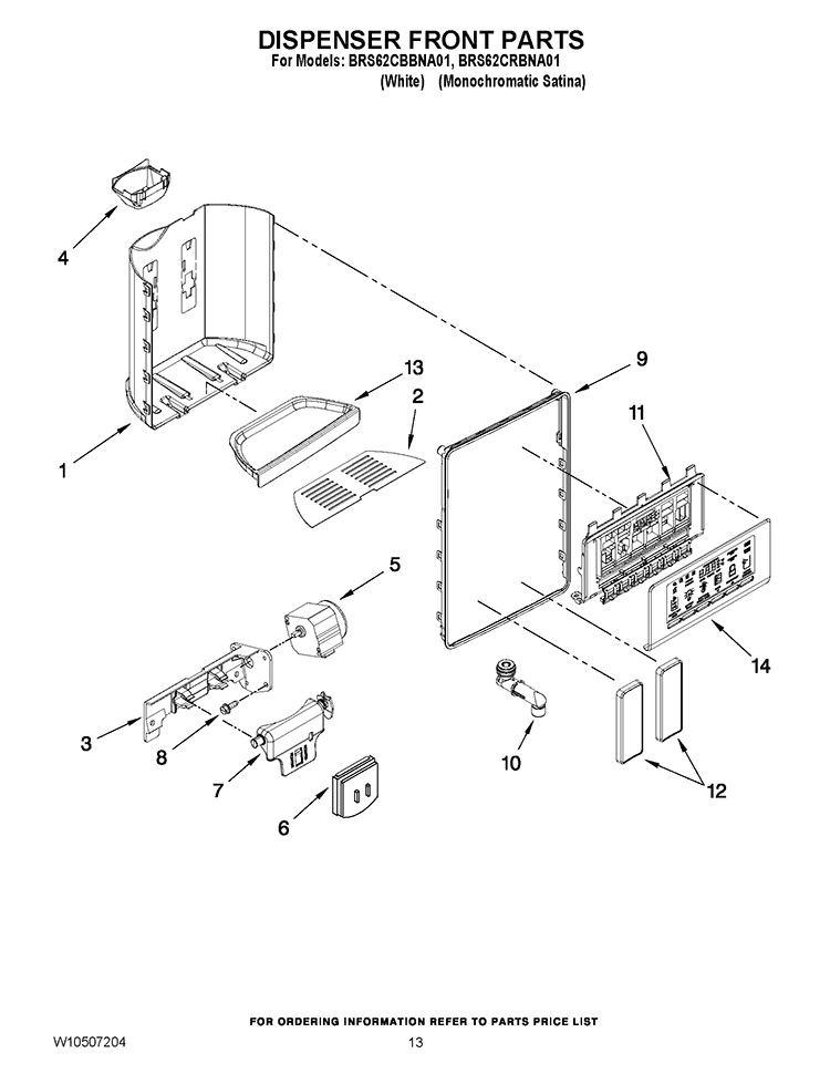 DISPENSER FRONT PARTS Diagram and Parts List for BRS62CRBNA01  Whirlpool Refrigerator
