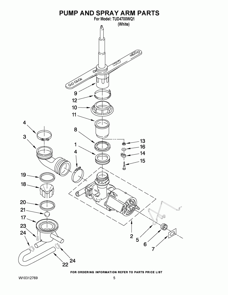 PUMP AND SPRAY ARM PARTS Diagram and Parts List for TUD4700WQ1  Estate Dishwasher