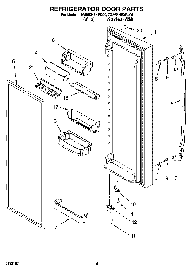 REFRIGERATOR DOOR PARTS Diagram and Parts List for 7GS6SHEXPQ00  Whirlpool Refrigerator