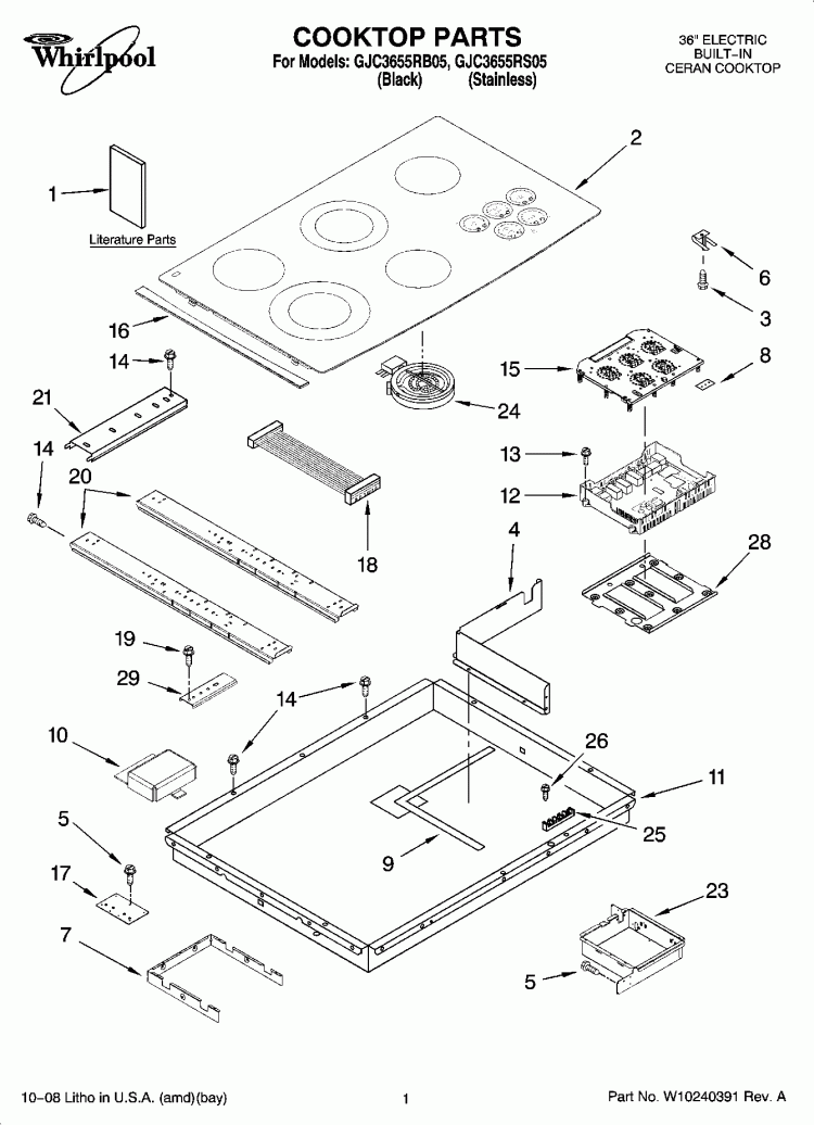 COOKTOP PARTS, OPTIONAL PARTS Diagram and Parts List for GJC3655RS05  Whirlpool Cooktop