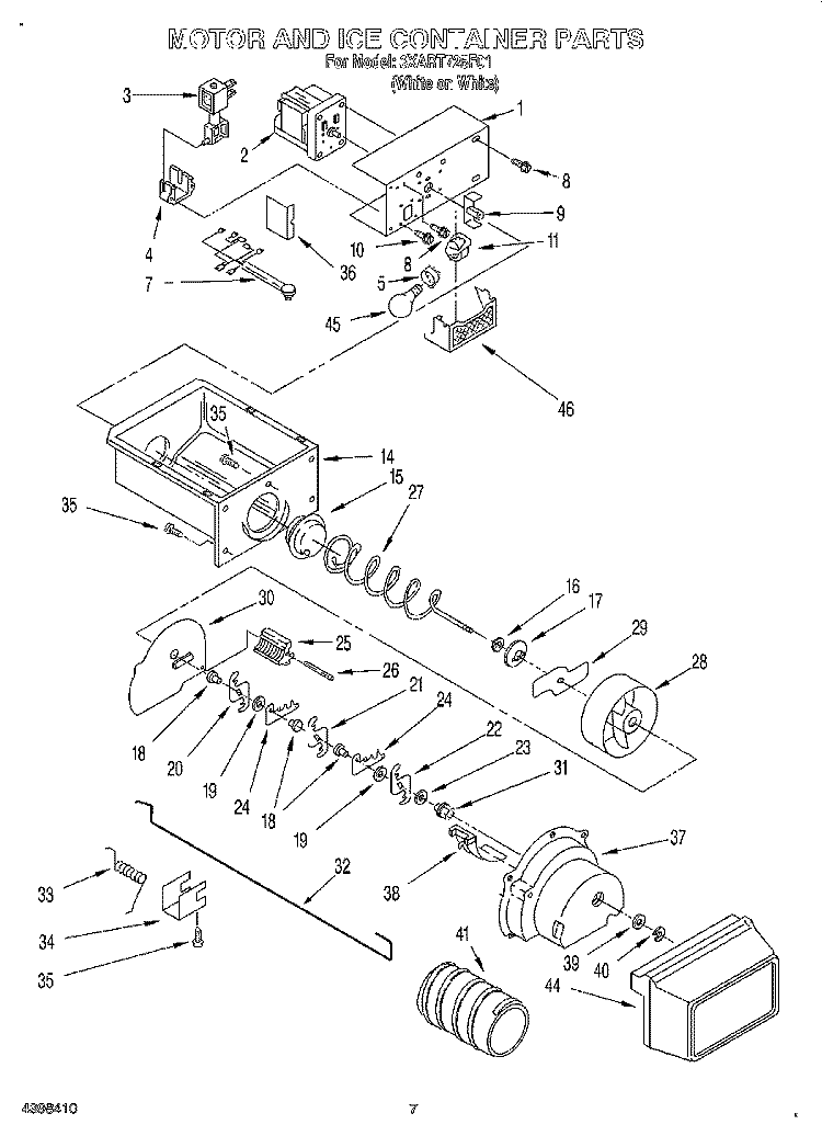 MOTOR AND ICE CONTAINER Diagram and Parts List for 3XART725F01  Whirlpool Refrigerator