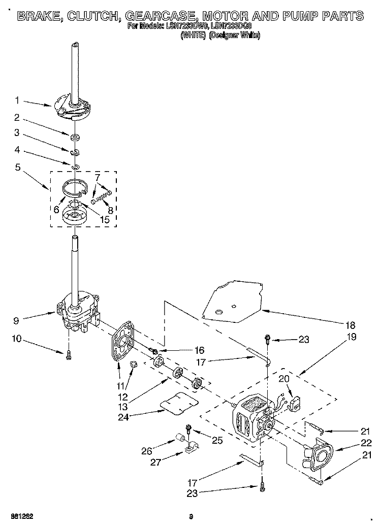 BRAKE, CLUTCH, GEARCASE, MOTOR AND PUMP Diagram and Parts List for LSN7233DW0  Whirlpool Washer