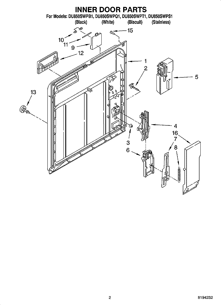 INNER DOOR PARTS Diagram and Parts List for DU850SWPQ1  Whirlpool Dishwasher