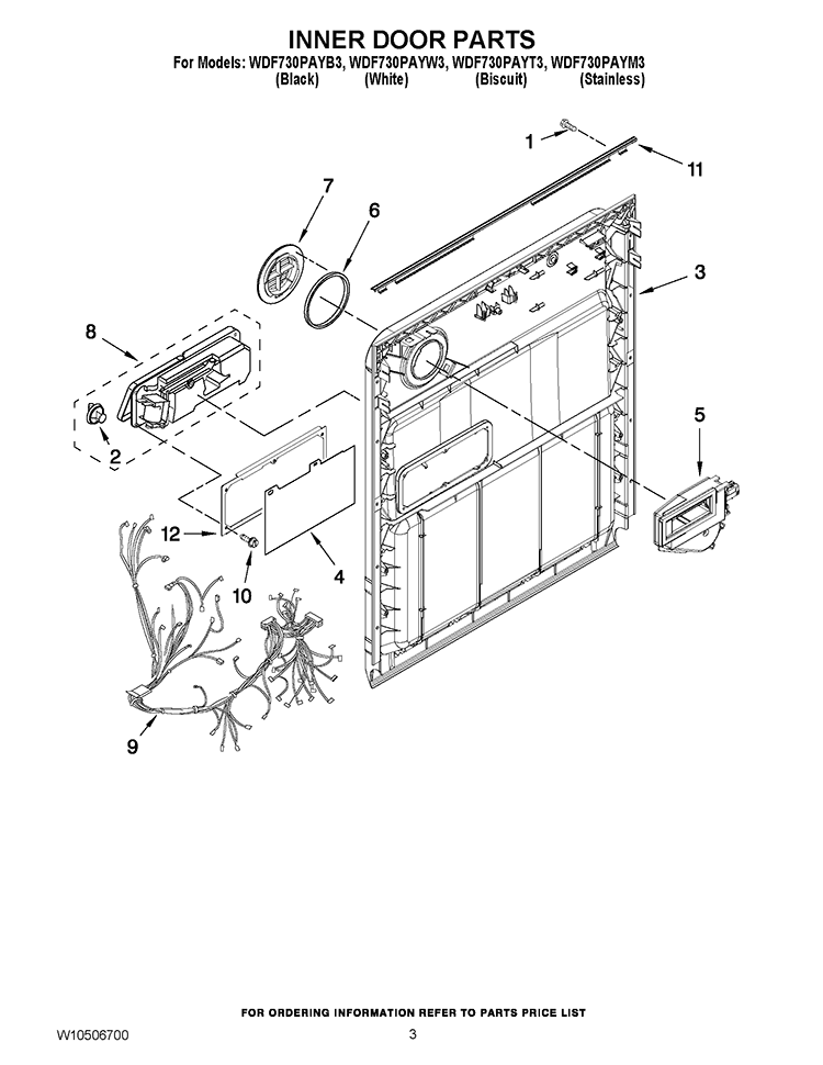 INNER DOOR PARTS Diagram and Parts List for WDF730PAYB3  Whirlpool Dishwasher