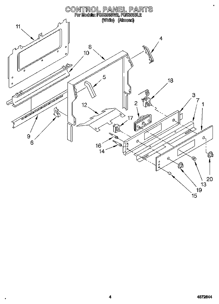 CONTROL PANEL Diagram and Parts List for FGS385BL2  Roper Range