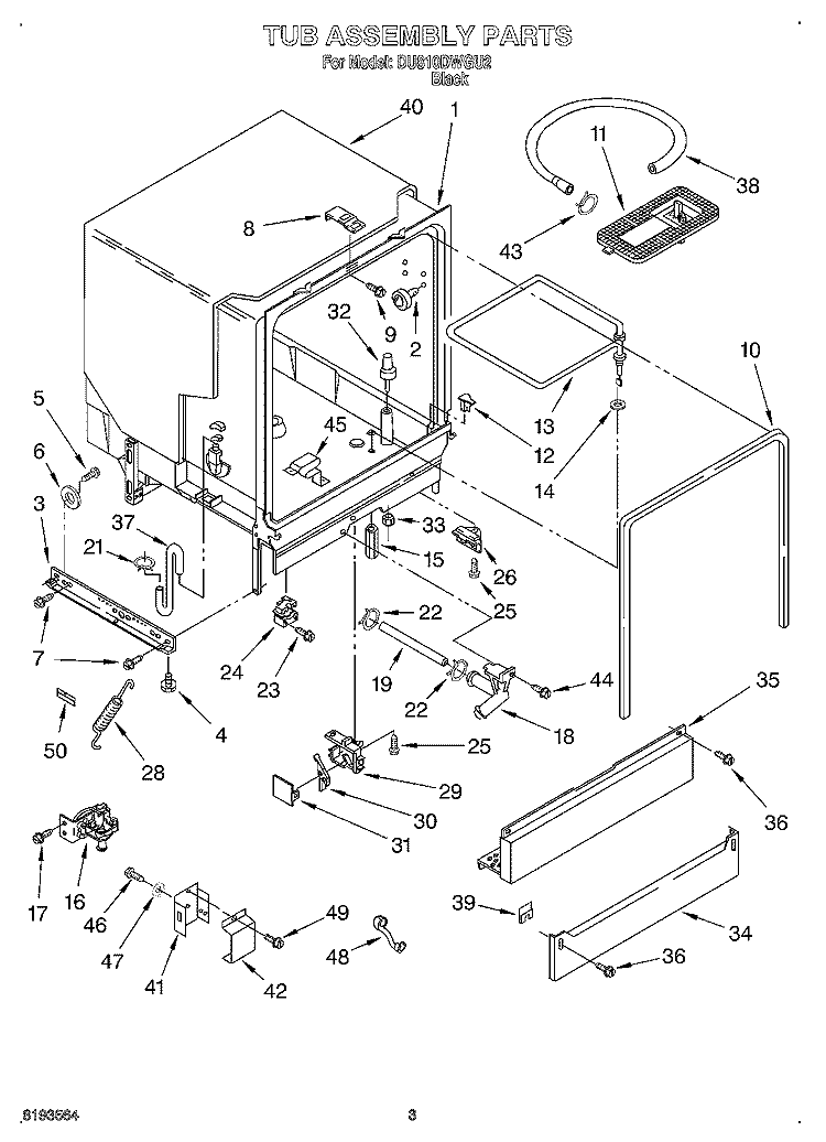 TUB ASSEMBLY Diagram and Parts List for DU810DWGU2  Whirlpool Dishwasher