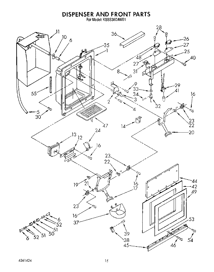 DISPENSER AND FRONT Diagram and Parts List for KSSS36DAW01  KitchenAid Refrigerator