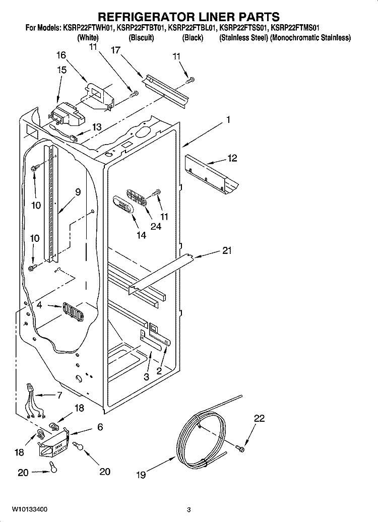 REFRIGERATOR LINER PARTS Diagram and Parts List for KSRP22FTWH01  KitchenAid Refrigerator